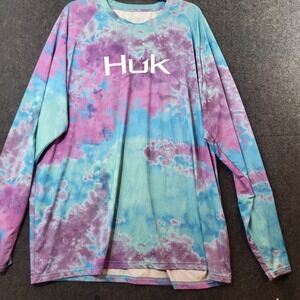 Huk Fishing Mens Tie Dye Long Sleeve Performance Shirt Blue Purple XXL